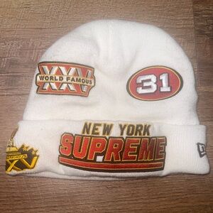 Supreme White Beanie with Red and Gold New York Logos